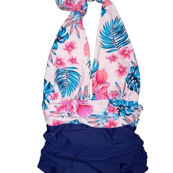 CUPSHE Navy Floral Deep V-neck Halter One-Piece Swimsuit Sexy Backless L… - Picture 3 of 9